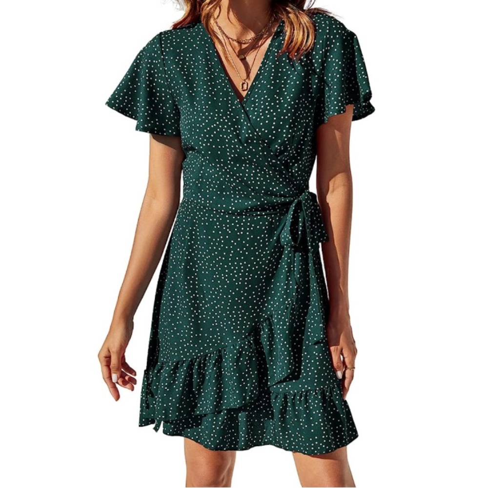 AMAZON green polka dot print wrap dress - Picture 3 of 9